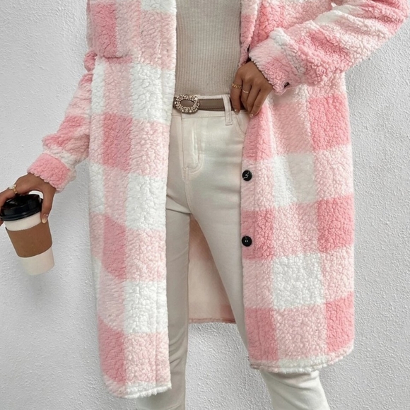 Pink Casual Womens Buffalo Plaid Pattern Flap Pocket Drop Shoulder Teddy Coat - Picture 3 of 4